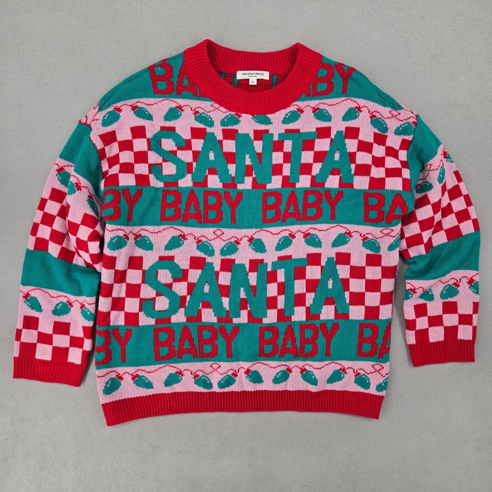Grayson Threads Women S Santa Baby Sweater Festive Holiday Checkered Red Teal